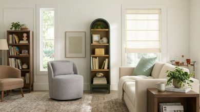 Better Homes & Gardens Juliet Narrow Arch Bookcase in modern living room