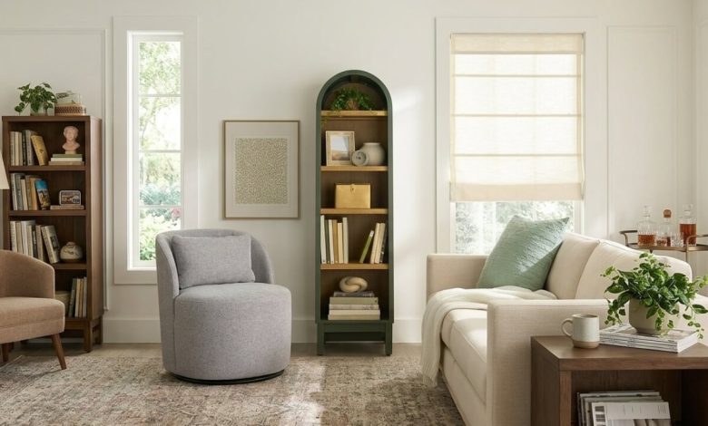 Better Homes & Gardens Juliet Narrow Arch Bookcase in modern living room