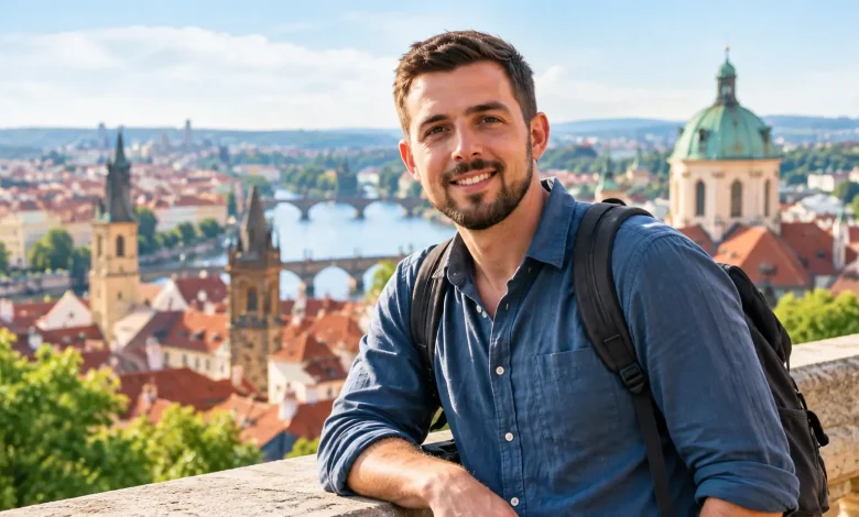 Andy Steves-style travel portrait overlooking a historic European city