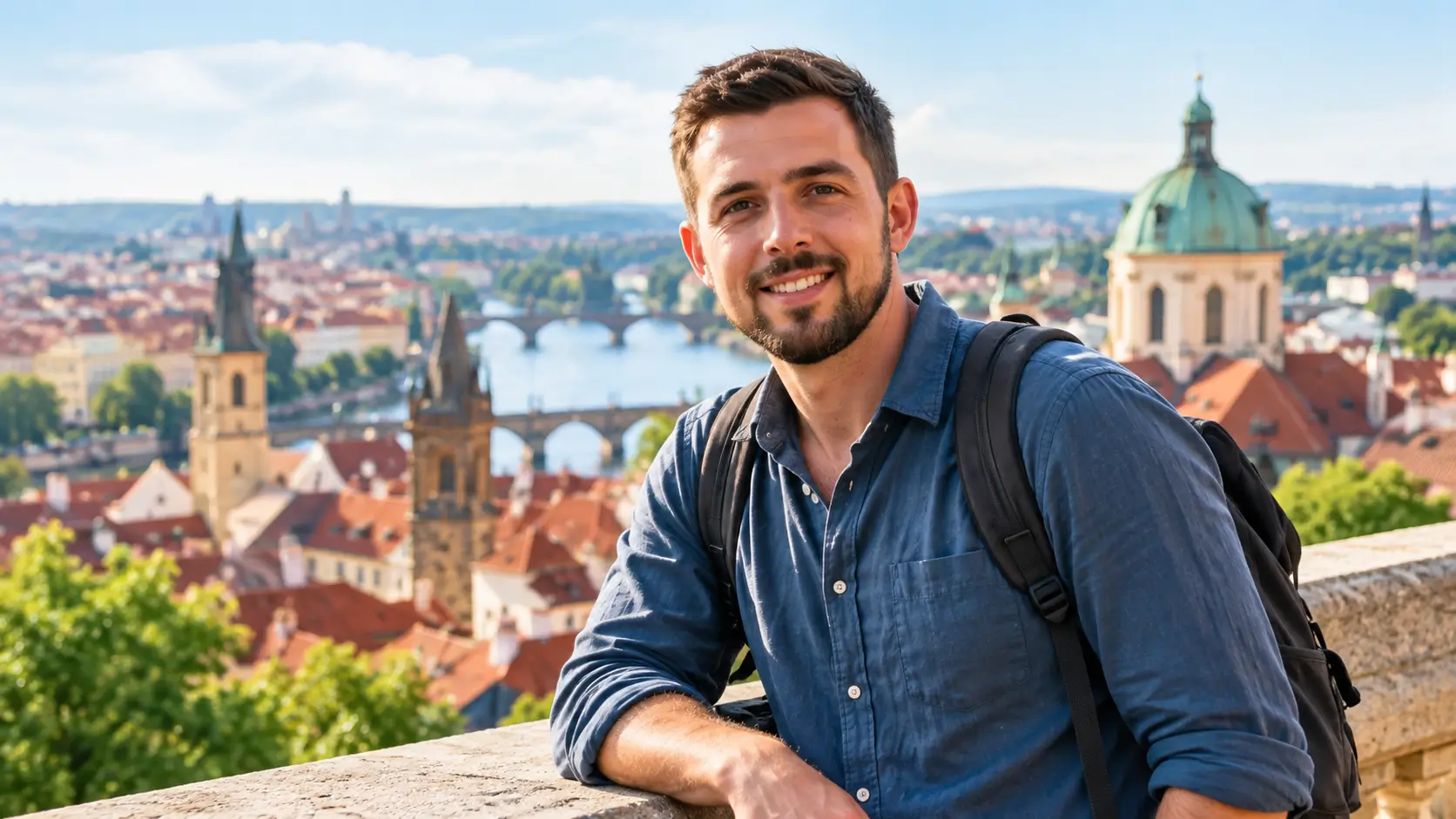 Andy Steves-style travel portrait overlooking a historic European city