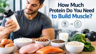 High-protein meal and dumbbells representing nutrition for building muscle