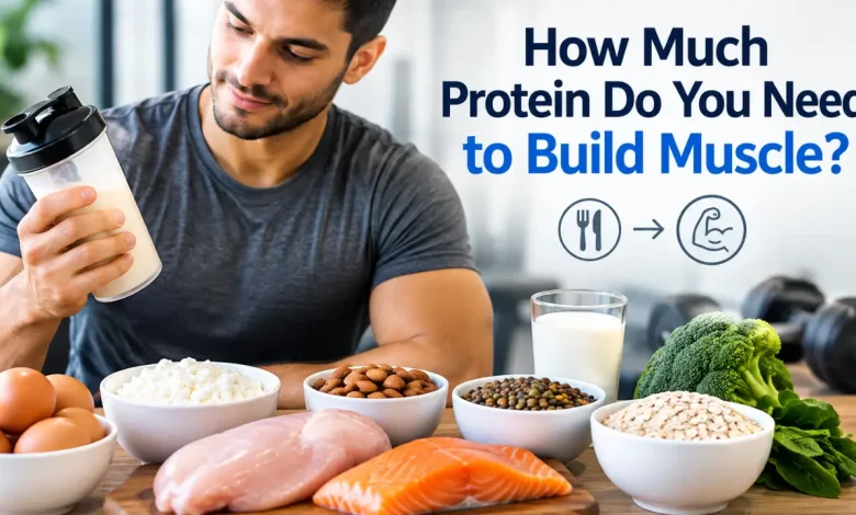 High-protein meal and dumbbells representing nutrition for building muscle